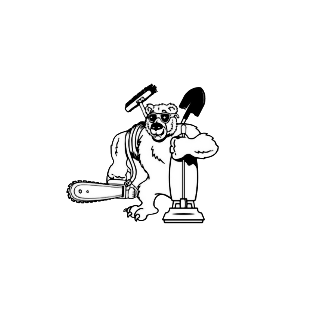 Cartoon bear wearing sunglasses, holding a shovel and a chainsaw, standing next to a vacuum cleaner.