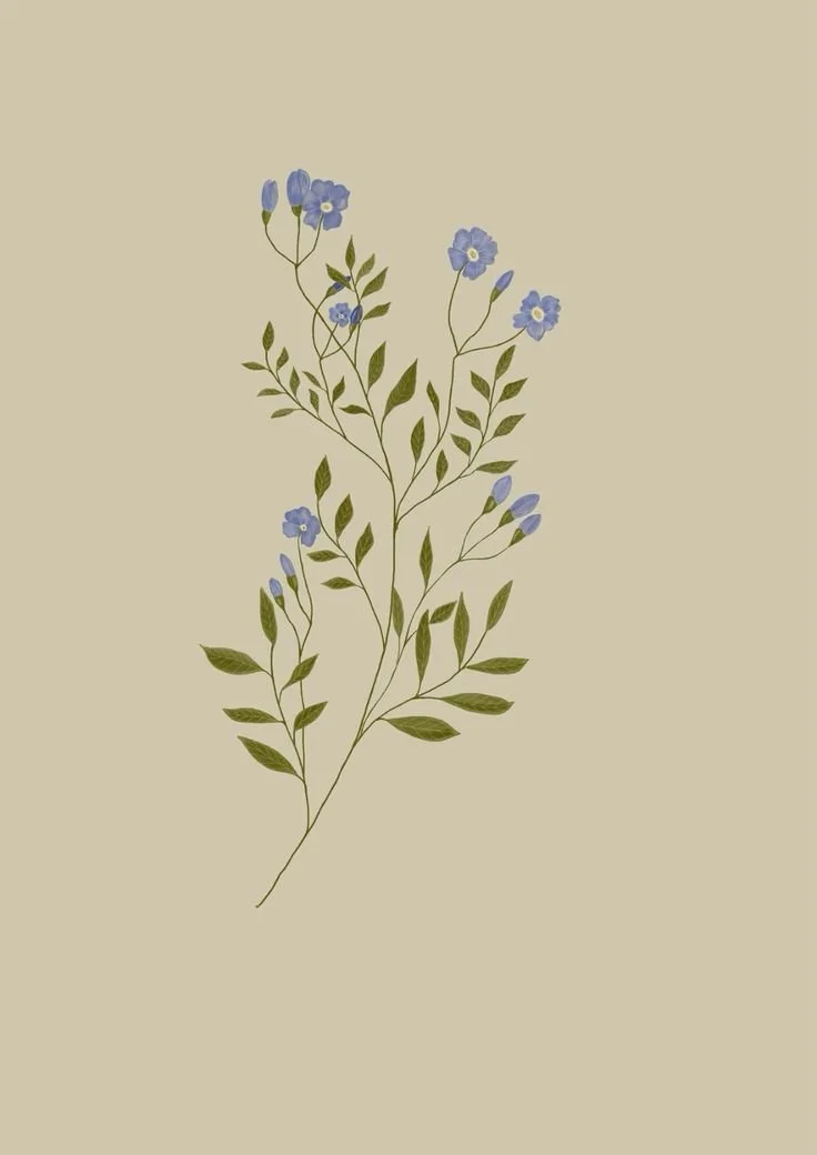 A drawing of a branch with green leaves and small blue flowers on a beige background.
