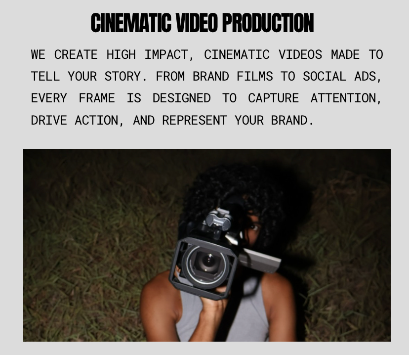 Text about cinematic video production above a person with curly hair filming with a camera in a grassy outdoor setting.