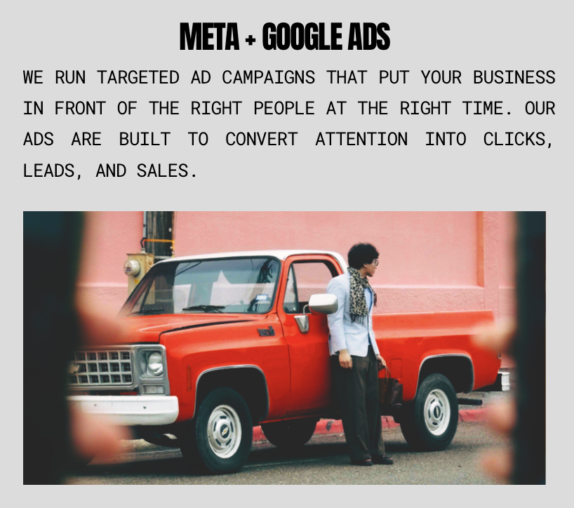 An advertisement for Meta and Google Ads offering targeted ad campaigns for businesses. The image shows a woman standing next to a red pickup truck on a city street.