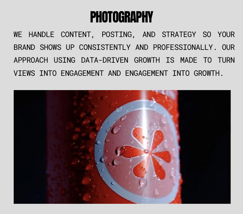 Text about content, posting, and strategy above a close-up of a red soda bottle with condensation and a logo featuring a four-petal flower.