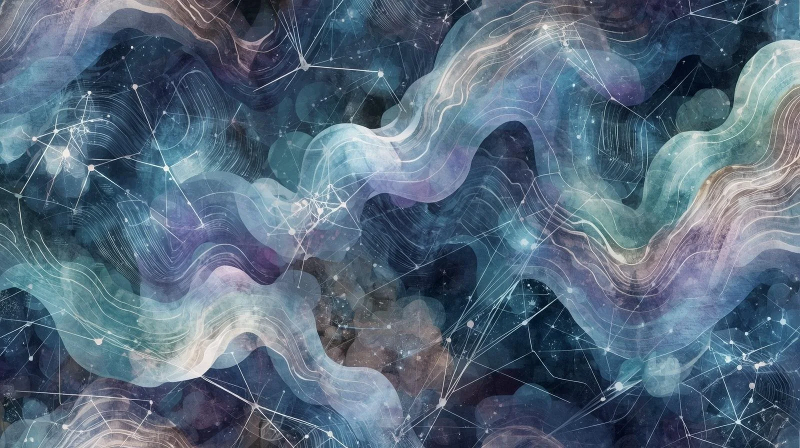 Ethereal, wavy lines in muted blue and purple shades with star-like dots spotted throughout
