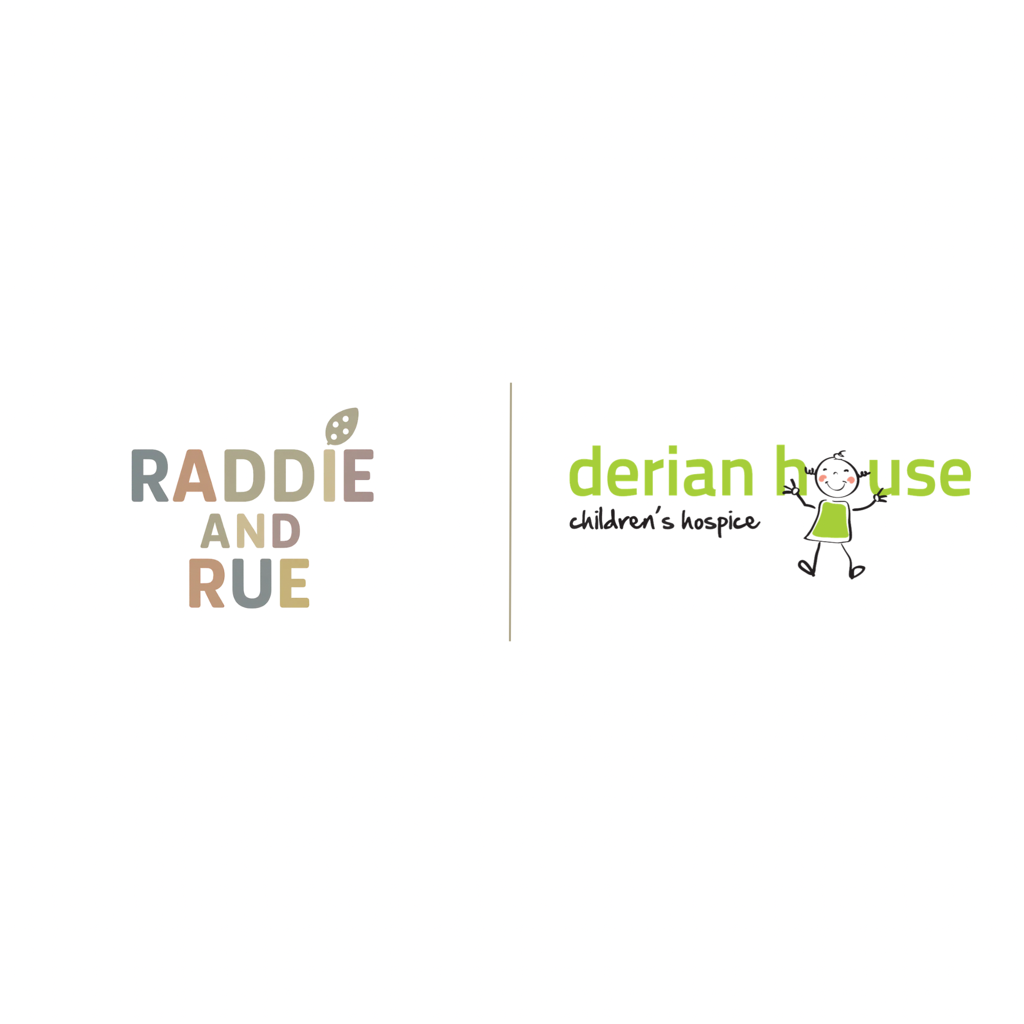 The image shows a logo with the text "Raddie and Derian House Children's Hospice". The text is surrounded by small graphic elements, including a smiling stick figure girl with outstretched arms, and a small plant or leaf icon.