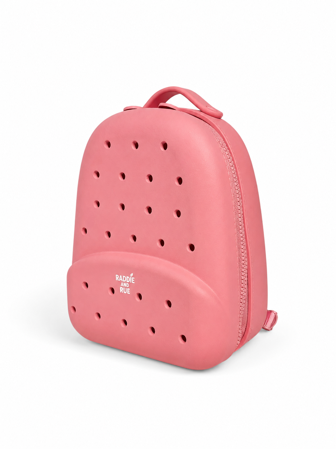 Pink backpack with a rounded design featuring holes and a front pocket that displays the text 'RADDIE AND RUE' on a white background.