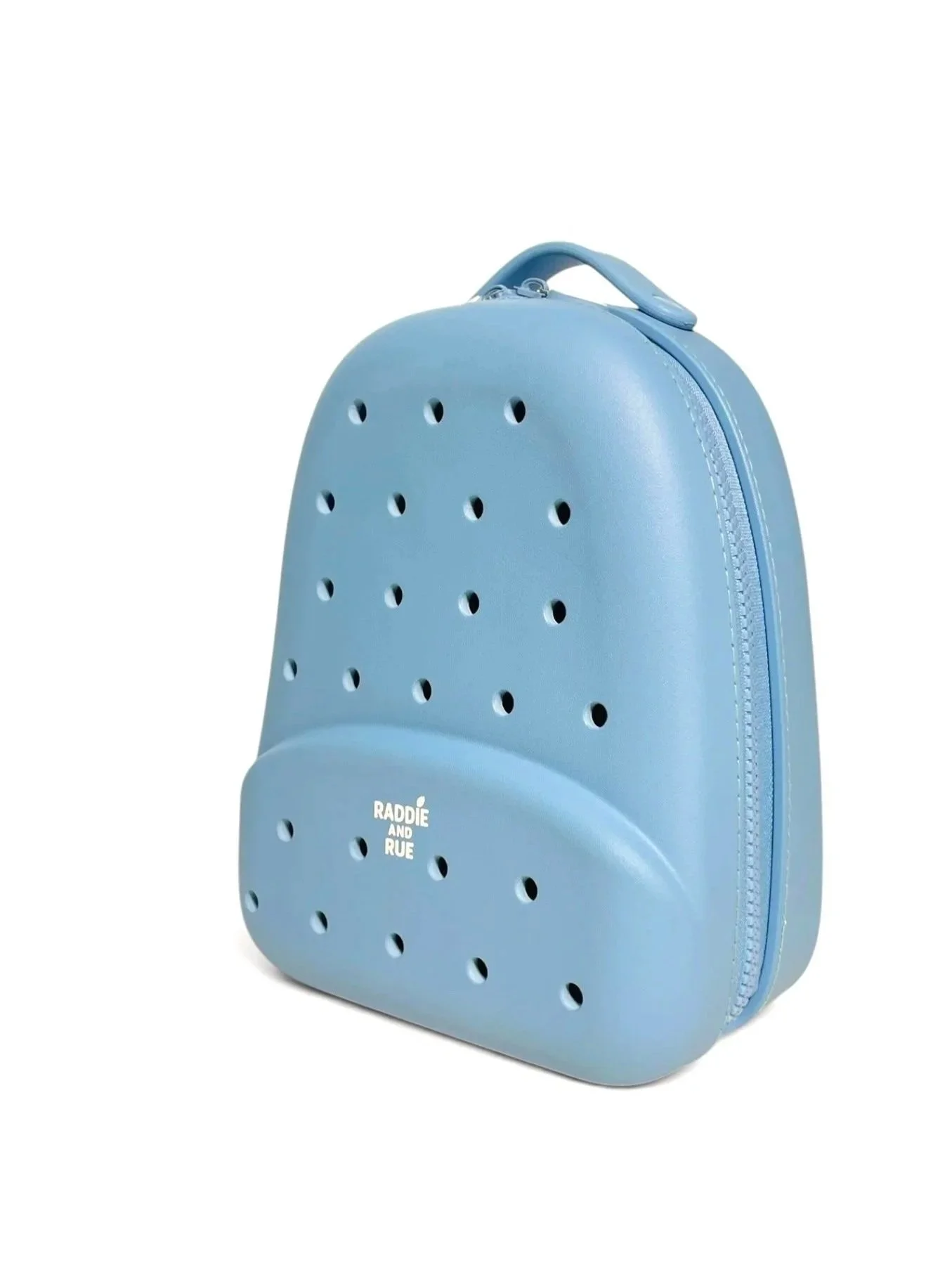 Light blue backpack with a handle on top, multiple small ventilation holes, and a zipper running along the side. The text 'RADDIE AND RUE' is printed on the front.