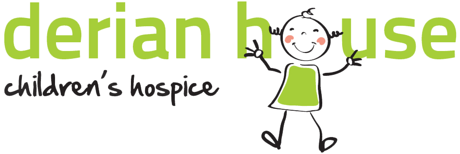 Logo for Derian House Children's Hospice with a smiling stick figure girl and green text.