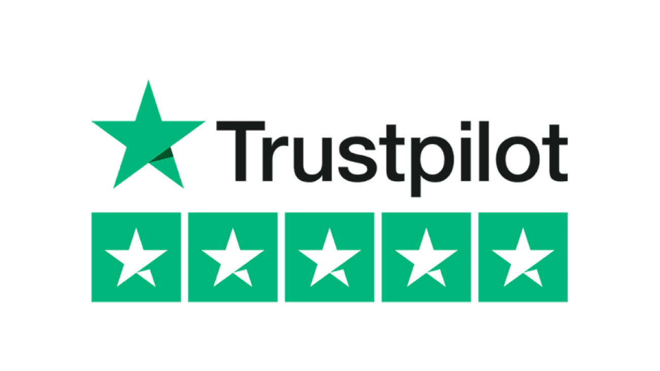 Trustpilot logo with a teal star and five teal-star reviews beneath it.