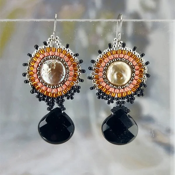 StarShine : : pearl and onyx earrings