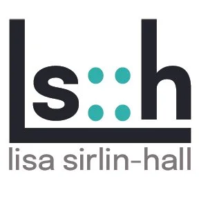 Logo for Lisa Sirlin-Hall featuring stylized text 's:h' with teal dots and a the words "lisa sirlin-hall" in grey underneath