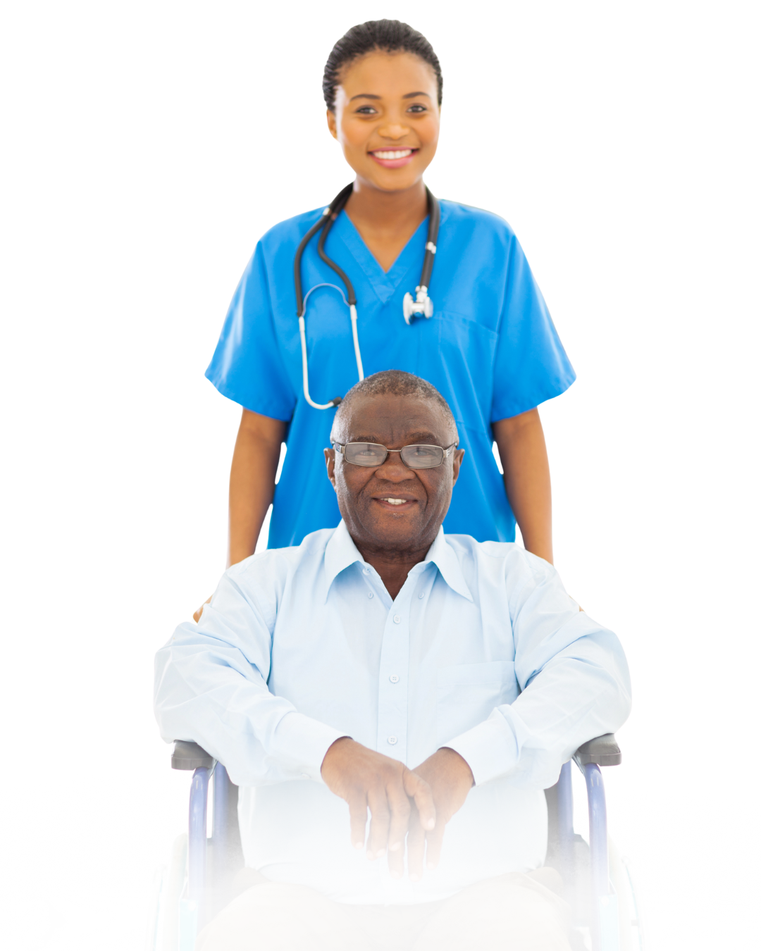 A smiling nurse in blue scrubs with a stethoscope around her neck standing behind a smiling elderly man seated in a wheelchair with glasses and a white shirt.