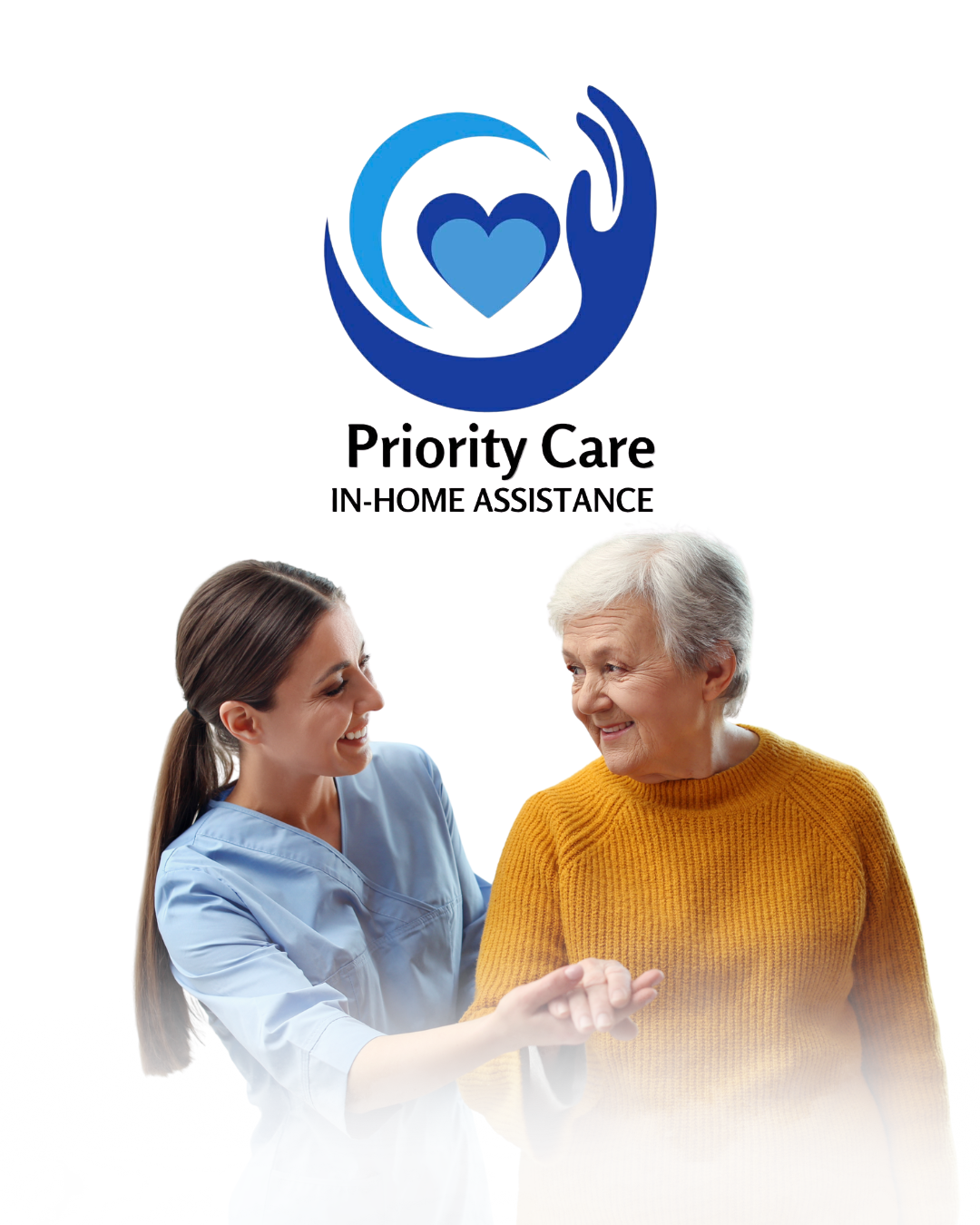 Logo for Priority Care In-Home Assistance with a nurse assisting an elderly woman, both smiling and interacting warmly.