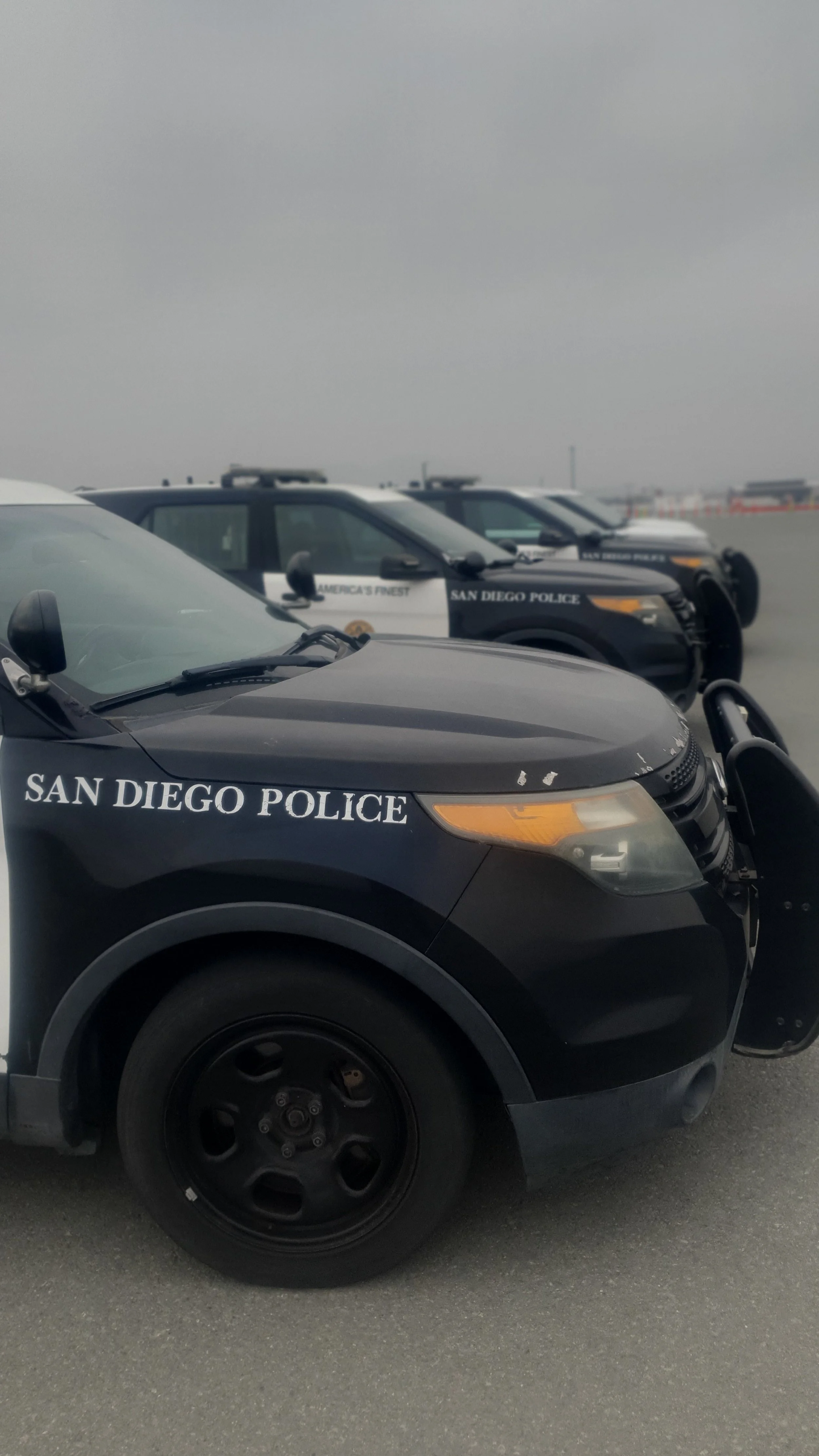 Line of San Diego police vehicles equipped with Easydrift Technology parked on a skidpan.