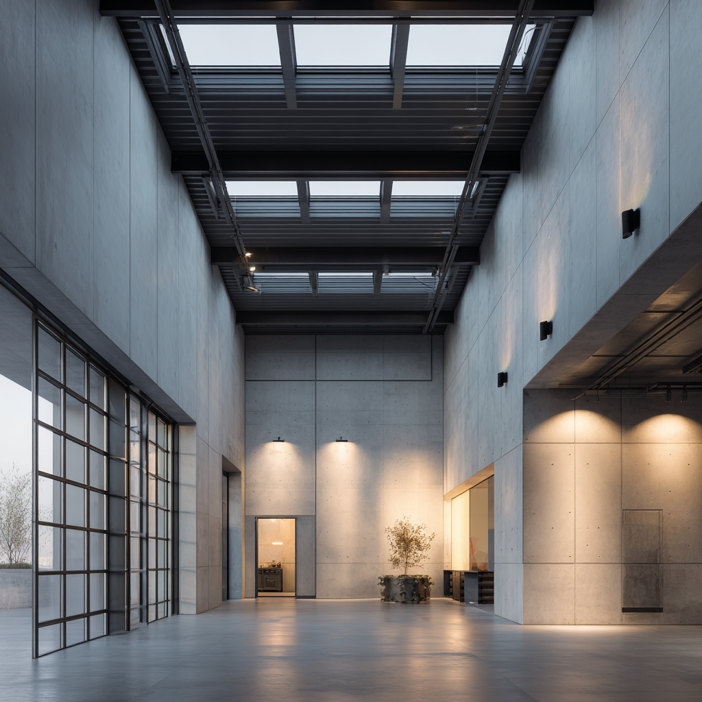 Modern industrial interior with high ceilings, concrete walls, and soft natural light, creating a calm, functional workspace.