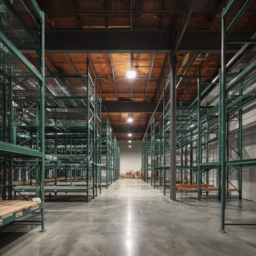 Large warehouse interior with organized racking, polished concrete floors, and open space emphasizing scale and operational clarity.