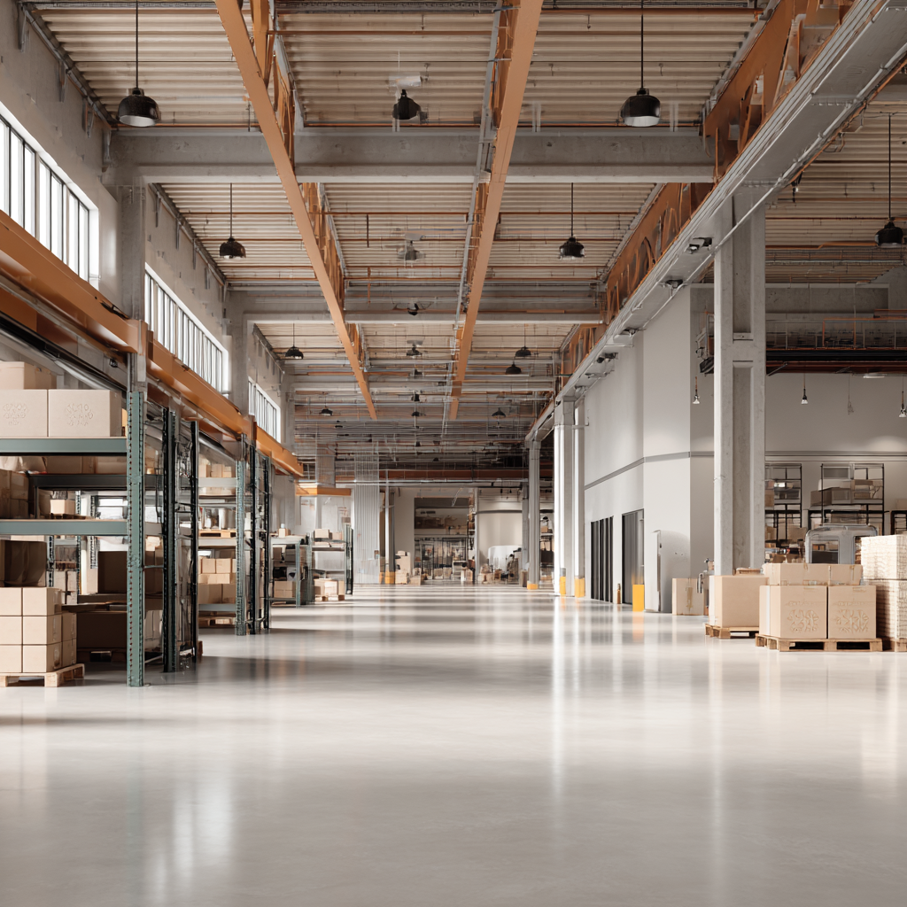 Large warehouse interior with organized racking, polished concrete floors, and open space emphasizing scale and operational clarity.