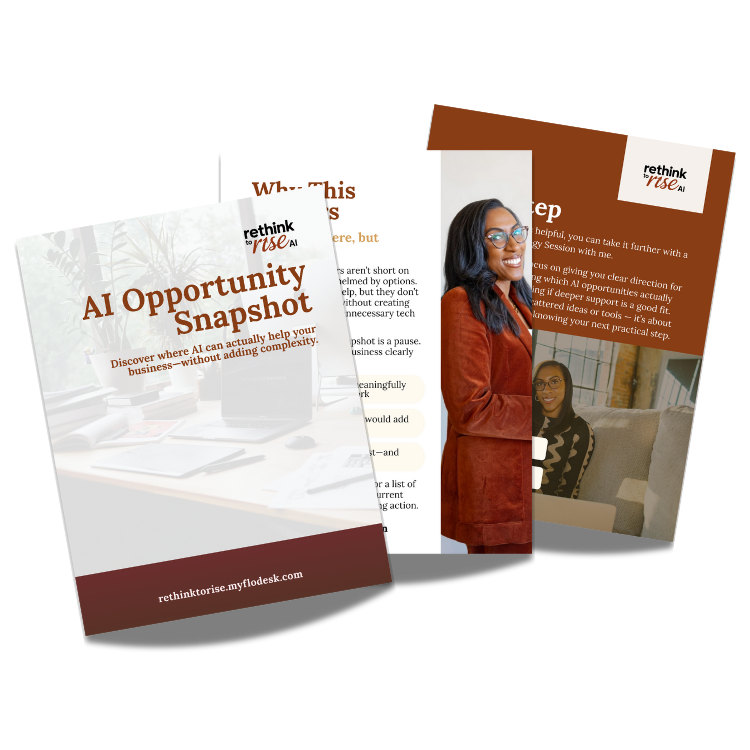 Three overlapping brochures about AI opportunities, with images of women and office backgrounds, titled 'AI Opportunity Snapshot' and 'Rethink to Rise AI'.