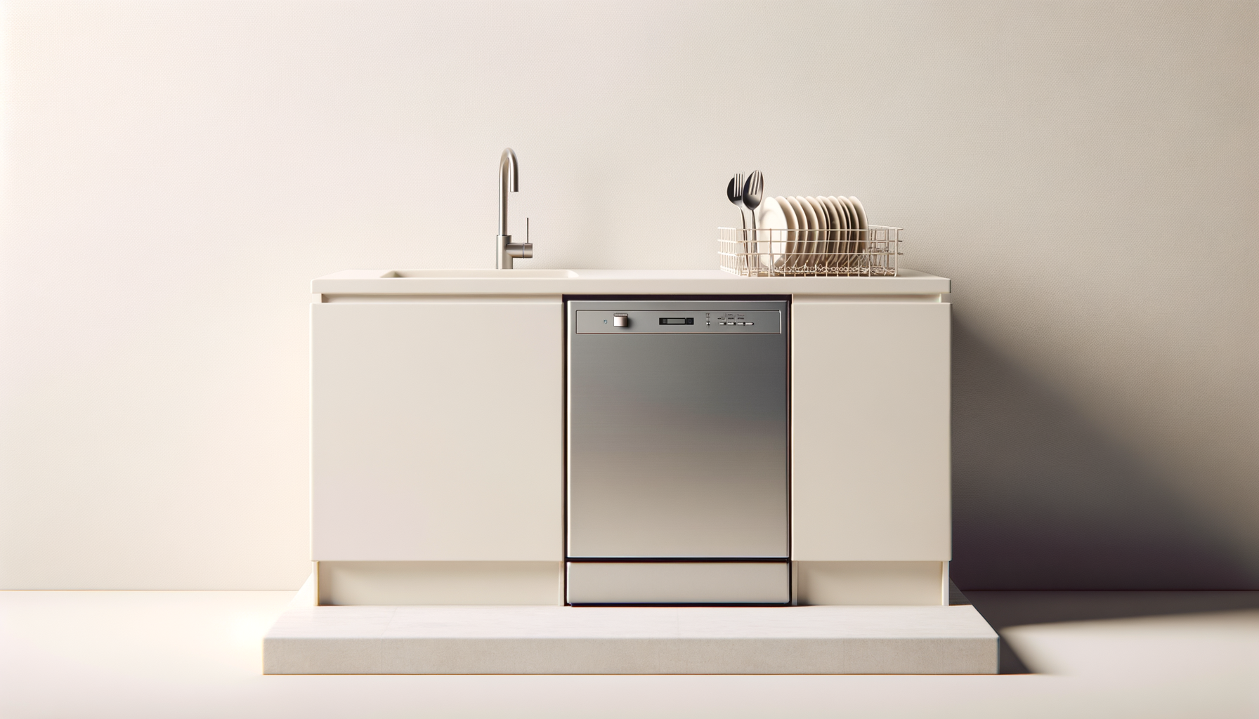 Minimalist kitchen with a white countertop, stainless steel dishwasher below, a sink with a simple faucet, and a dish rack with plates and utensils on the right side.