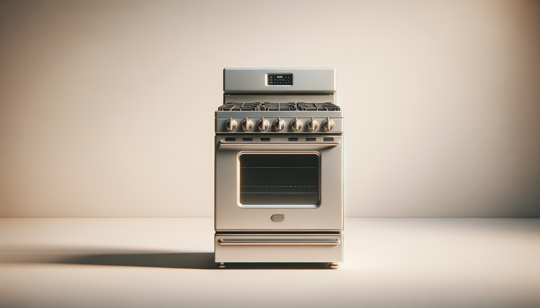 A modern stainless steel gas stove with five burners and an oven, placed against a plain, neutral-colored wall.