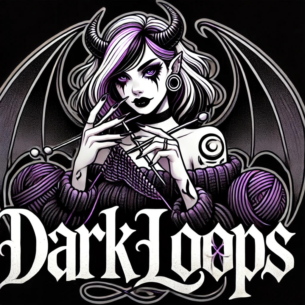 Eine düstere, gothic stilisierte Illustration einer dämonischen Frau mit Hörnern, Flügeln und langen Fingernägeln, die mit Wollknäueln und Nadeln Bastelarbeiten macht, mit dem Text 'Dark Loops' darunter.