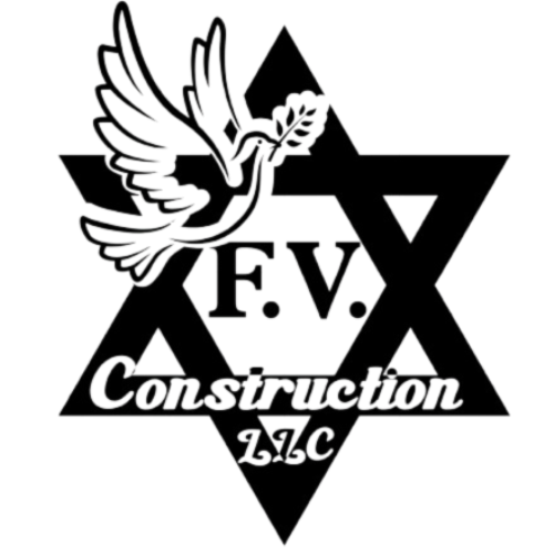 Black and white logo with a stylized bird, David star shape, and text that reads 'F.V Construction LLC'.