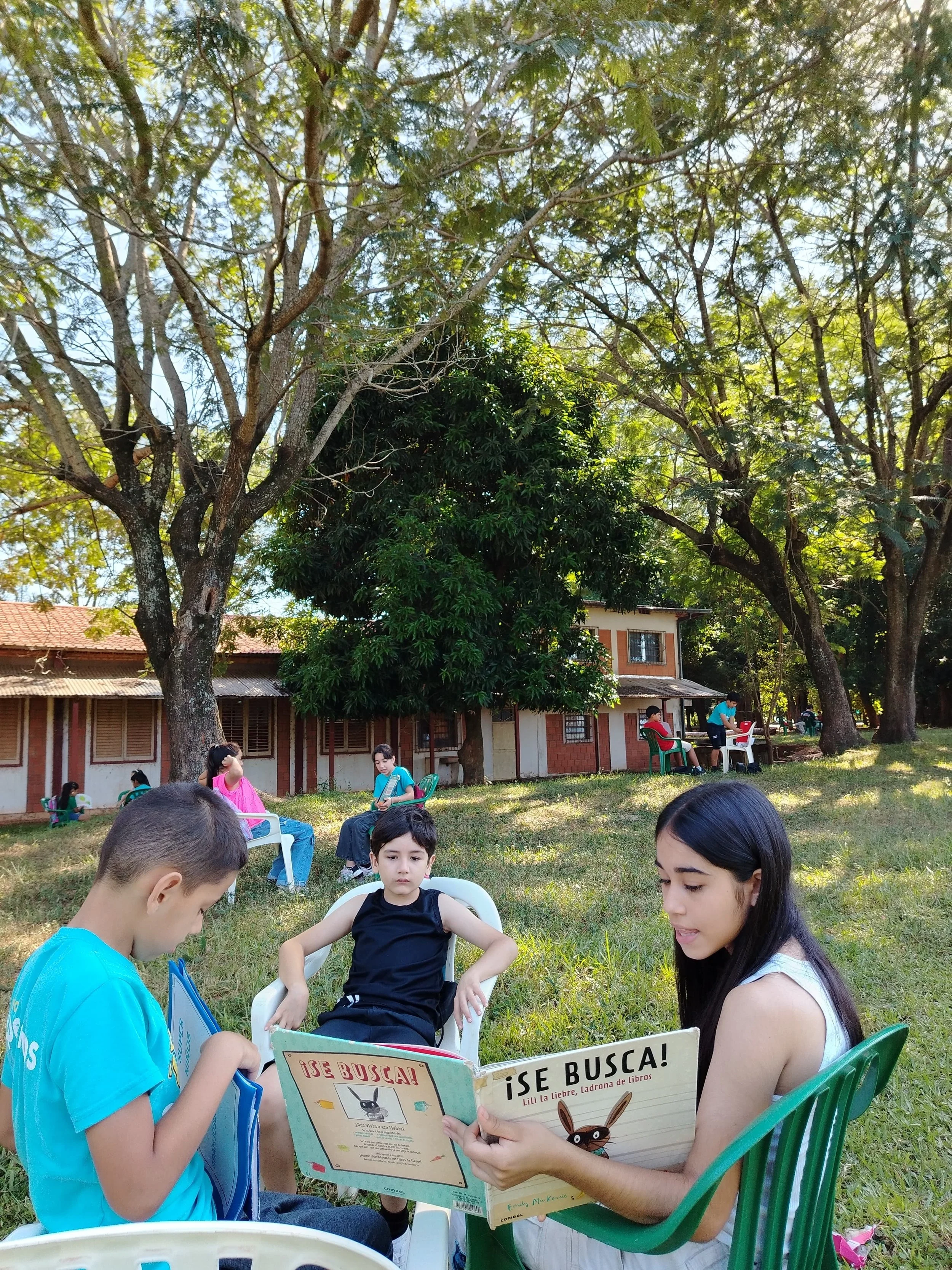 Children sitting outdoors on green chairs, reading books in a park with large trees and a building in the background.