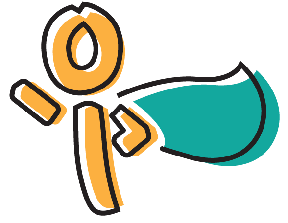 Cartoon character with orange head and limbs, with a teal tail or spray, pointing to the right.