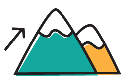 Stylized outline of mountains with two peaks, one larger in teal and the smaller in yellow, against a white background.