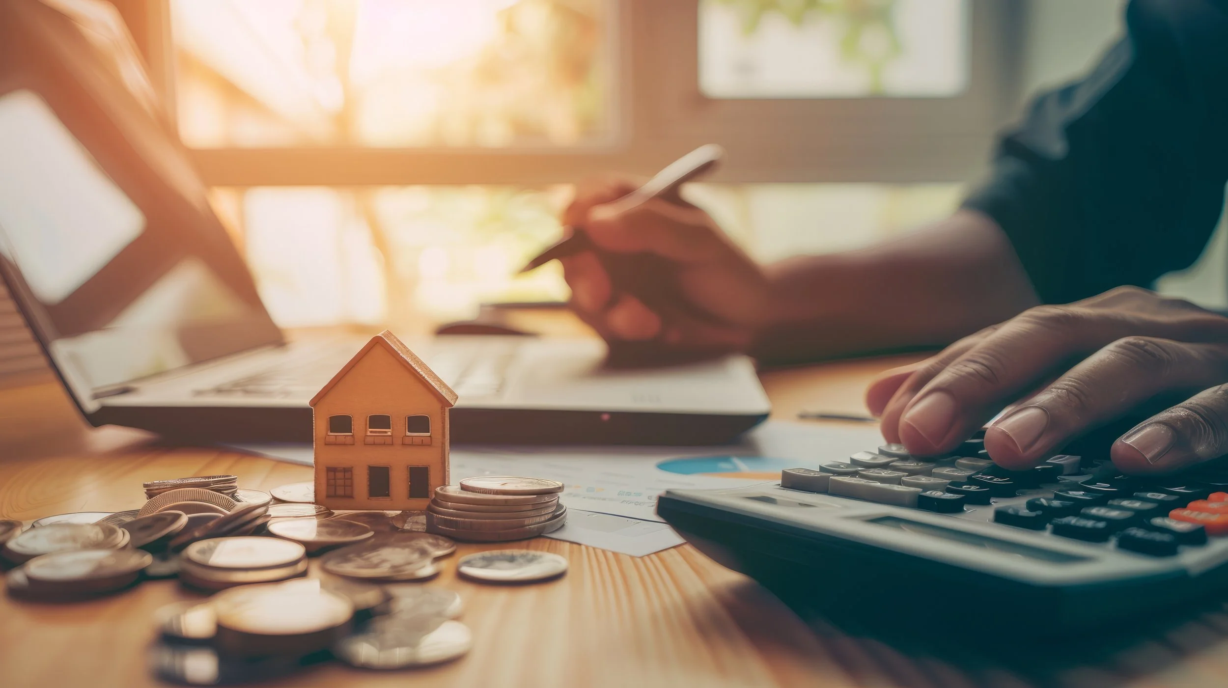 Person working with calculator, coins, miniature house, and documents on wooden desk with laptop in background.