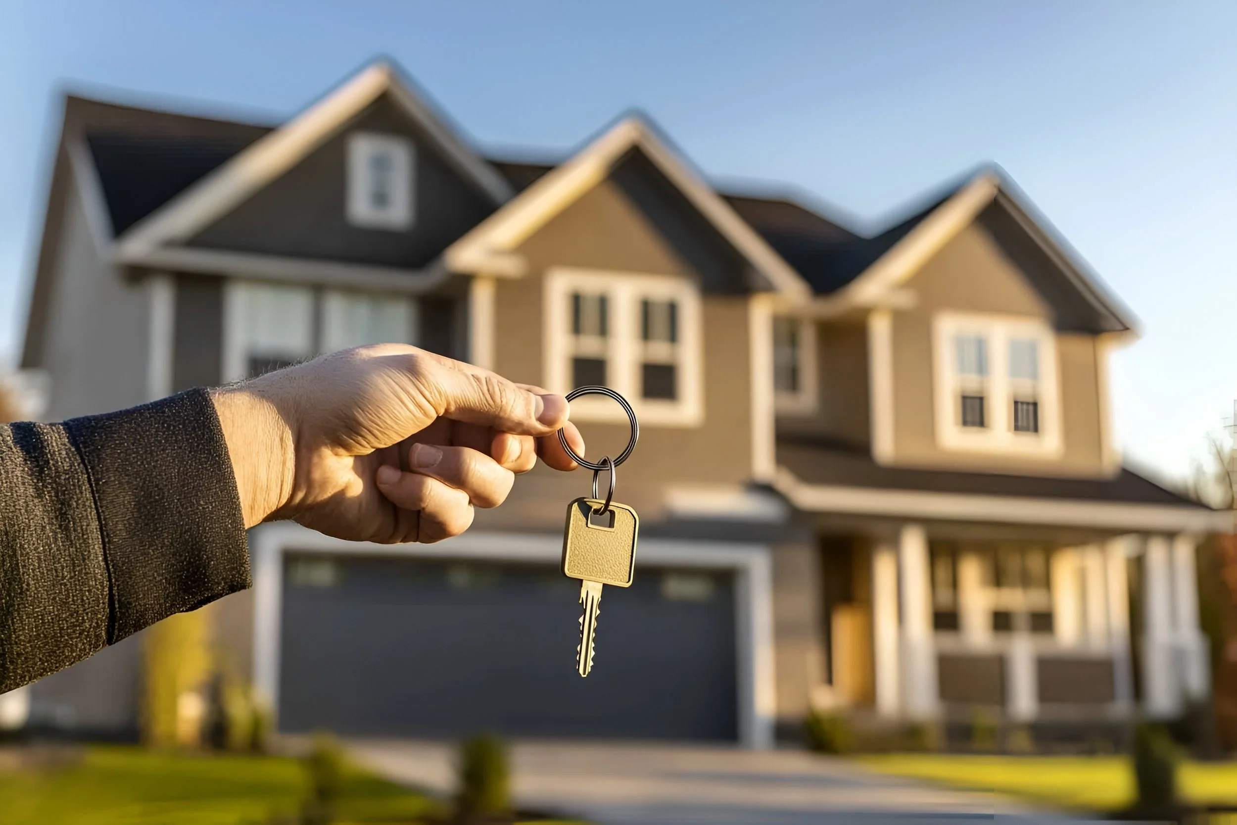 A person holding a house key in front of a modern house against a clear sky.