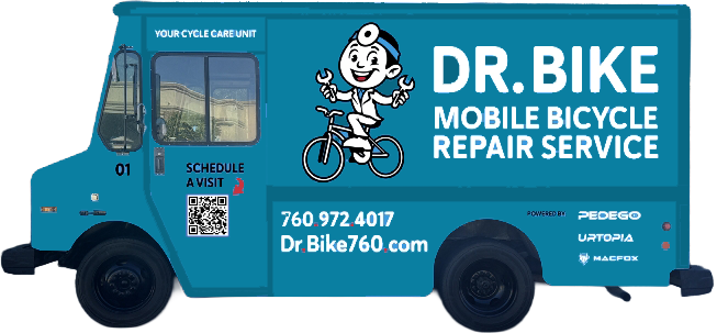 Blue mobile bicycle repair service truck with cartoon character, Dr. Bike, and contact information.