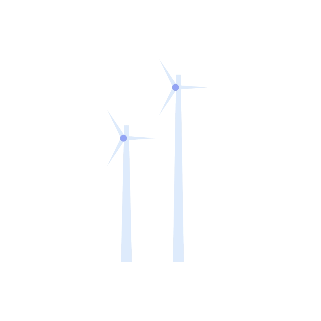 Two wind turbines with three blades each standing on a white background.