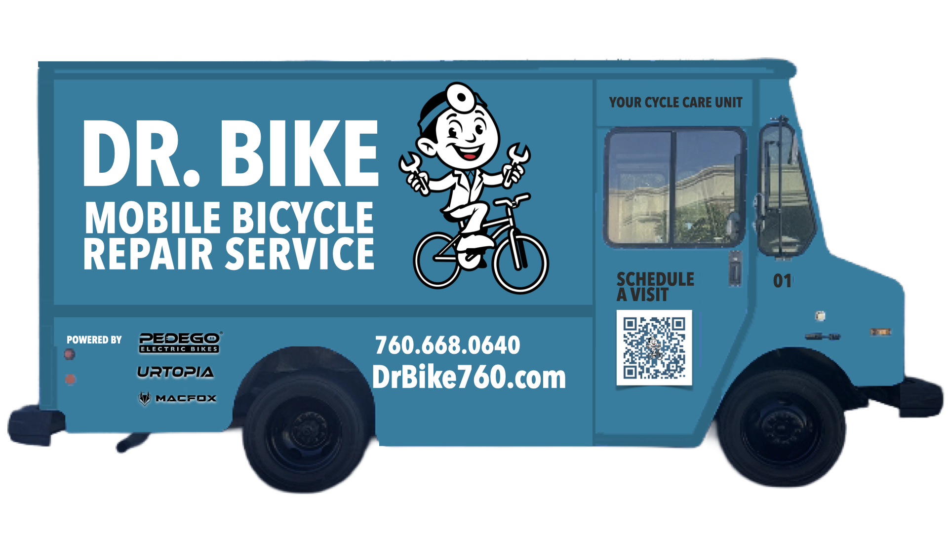 Blue mobile bicycle repair truck with cartoon doctor character riding a bicycle, holding wrenches, advertising Dr. Bike Mobile Bicycle Repair Service, with contact info, QR code, and schedule appointment information.