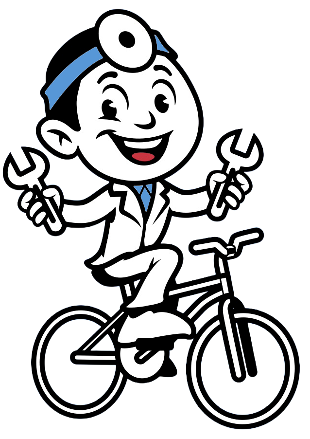 Cartoon illustration of a smiling doctor riding a bicycle, holding a wrench in each hand, wearing a white coat and a head mirror.