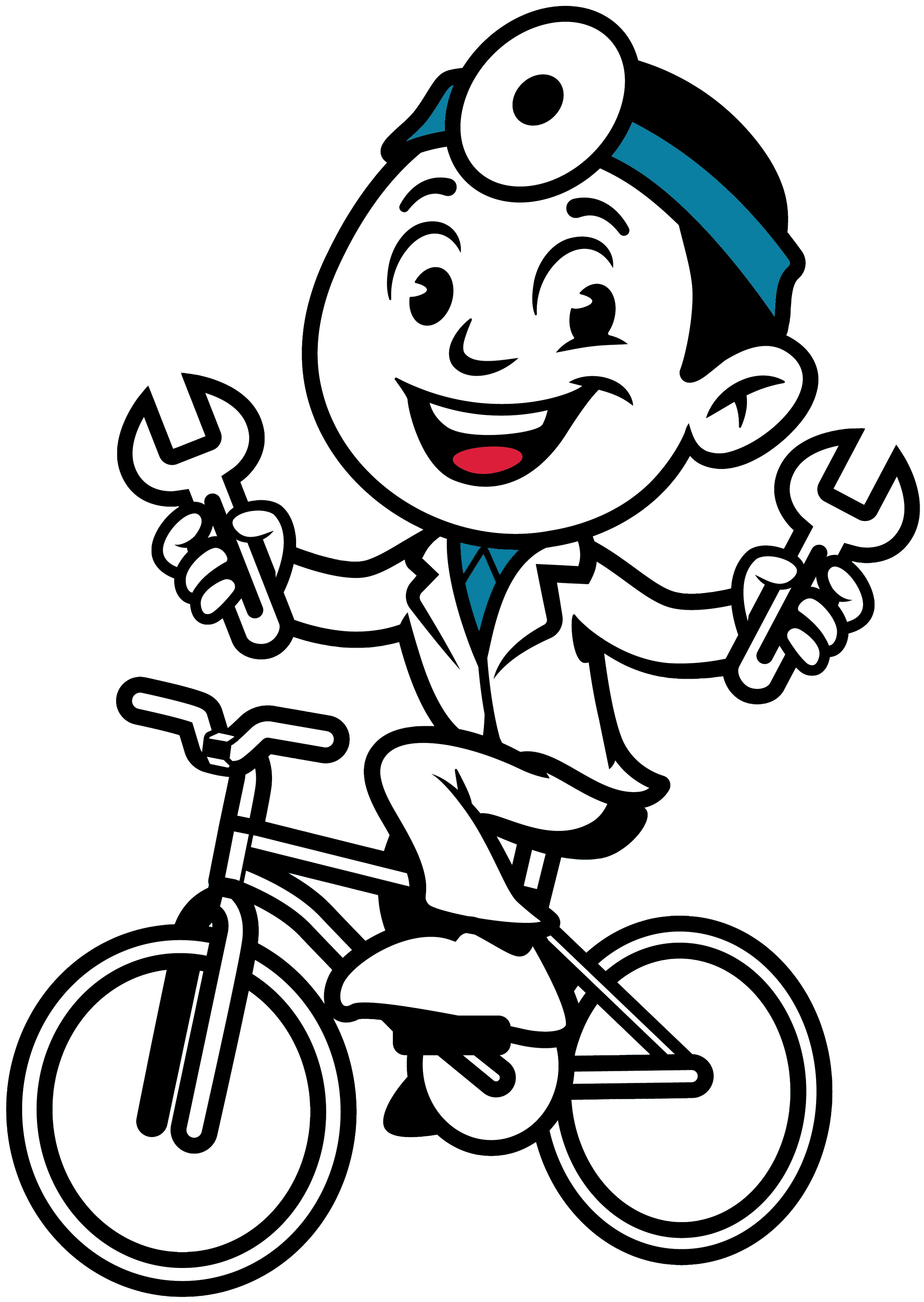 A cartoon illustration of a smiling male doctor wearing a white coat and stethoscope, riding a bicycle while holding two wrenches, one in each hand.