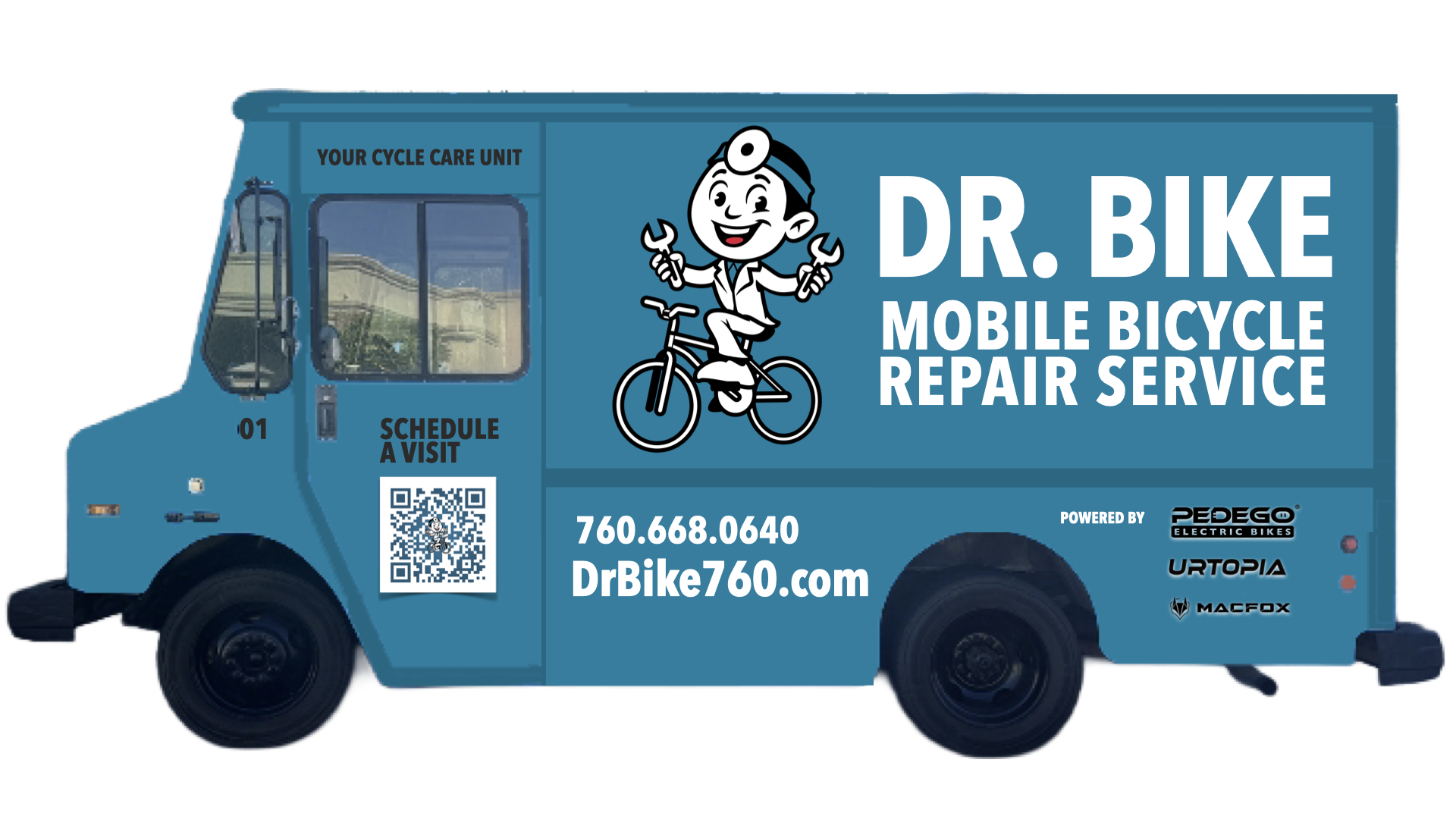 Blue mobile bicycle repair service truck with cartoon mechanic riding a bicycle on the side, featuring contact information, QR code, and logos of electric bike brands. Serving La Quinta, Palm Desert, Palm Springs