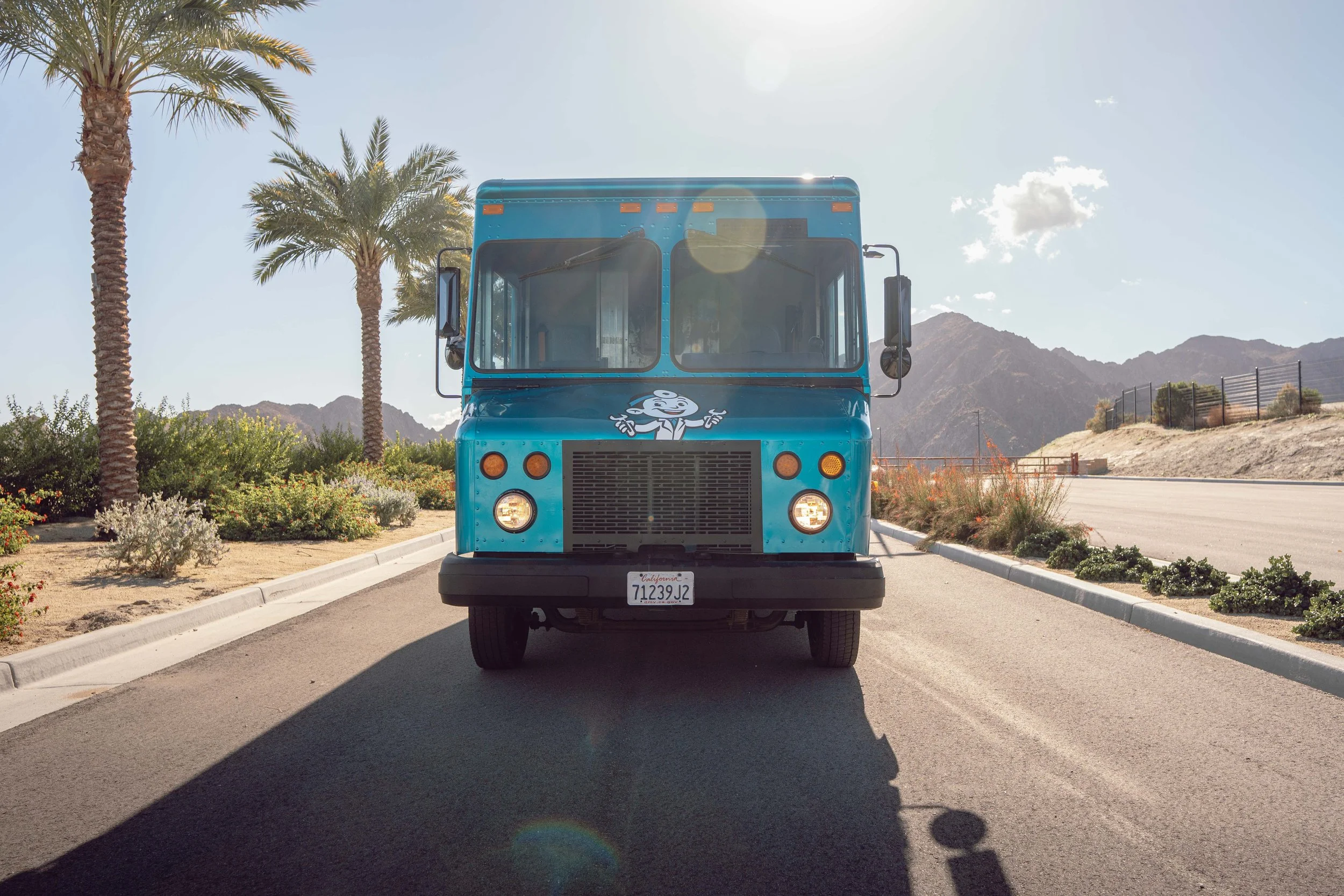 A blue ice cream truck parked on the side of a road in a desert-like area with palm trees, mountains, and clear sky in the background.