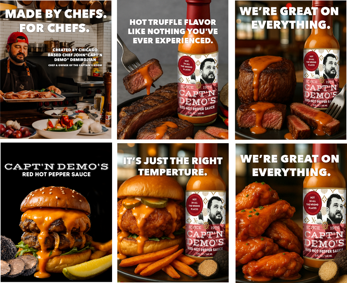 Six panels featuring food and sauce. The first panel shows a chef in a kitchen, with tomatoes, garlic, and utensils on a counter. The second and third panels highlight steak and hot pepper sauce, with text about flavor and great on everything. The fo