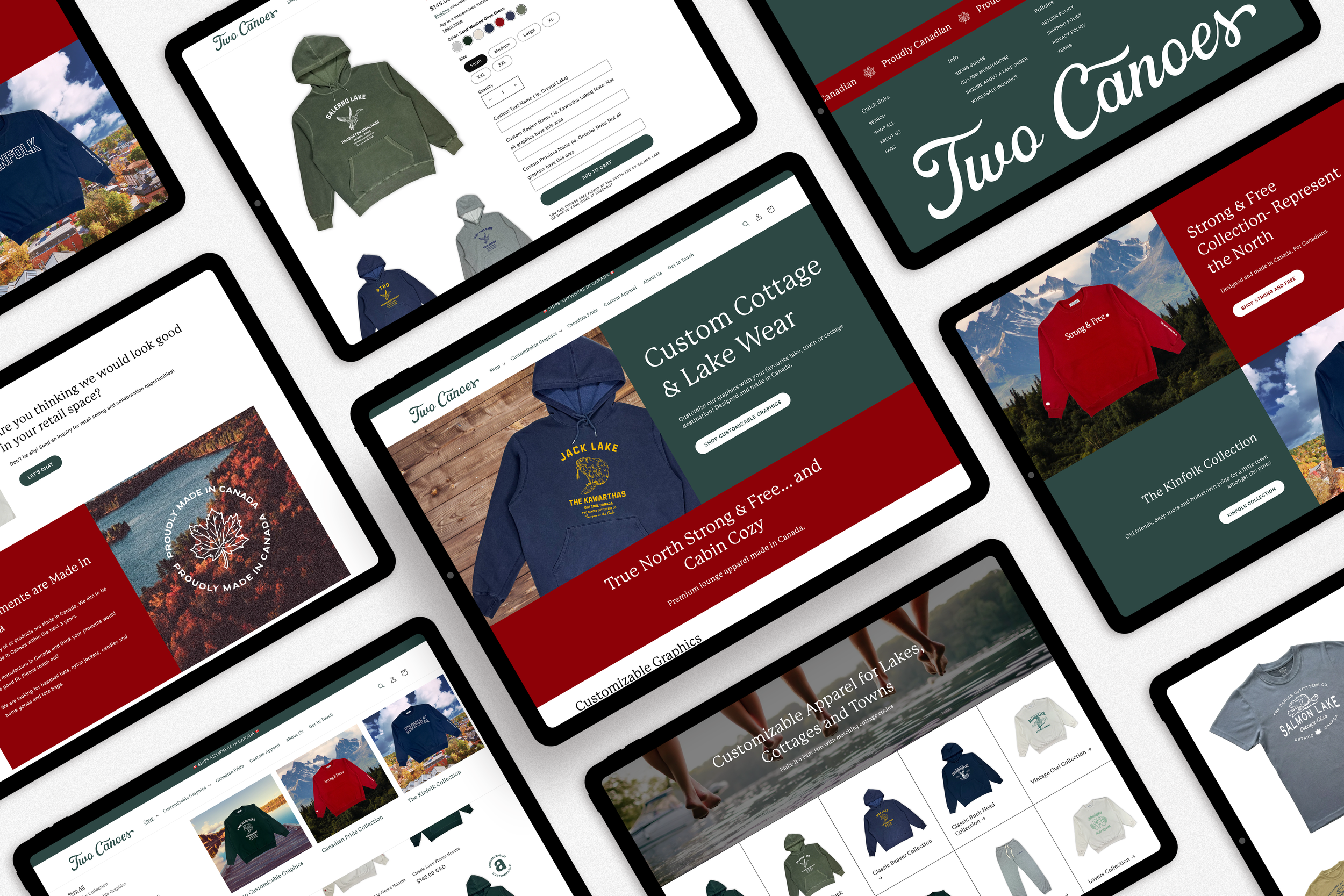 Multiple tablets displaying various online store pages about Canada-themed apparel, including hoodies, sweatshirts, and T-shirts with Canadian symbols and graphics.