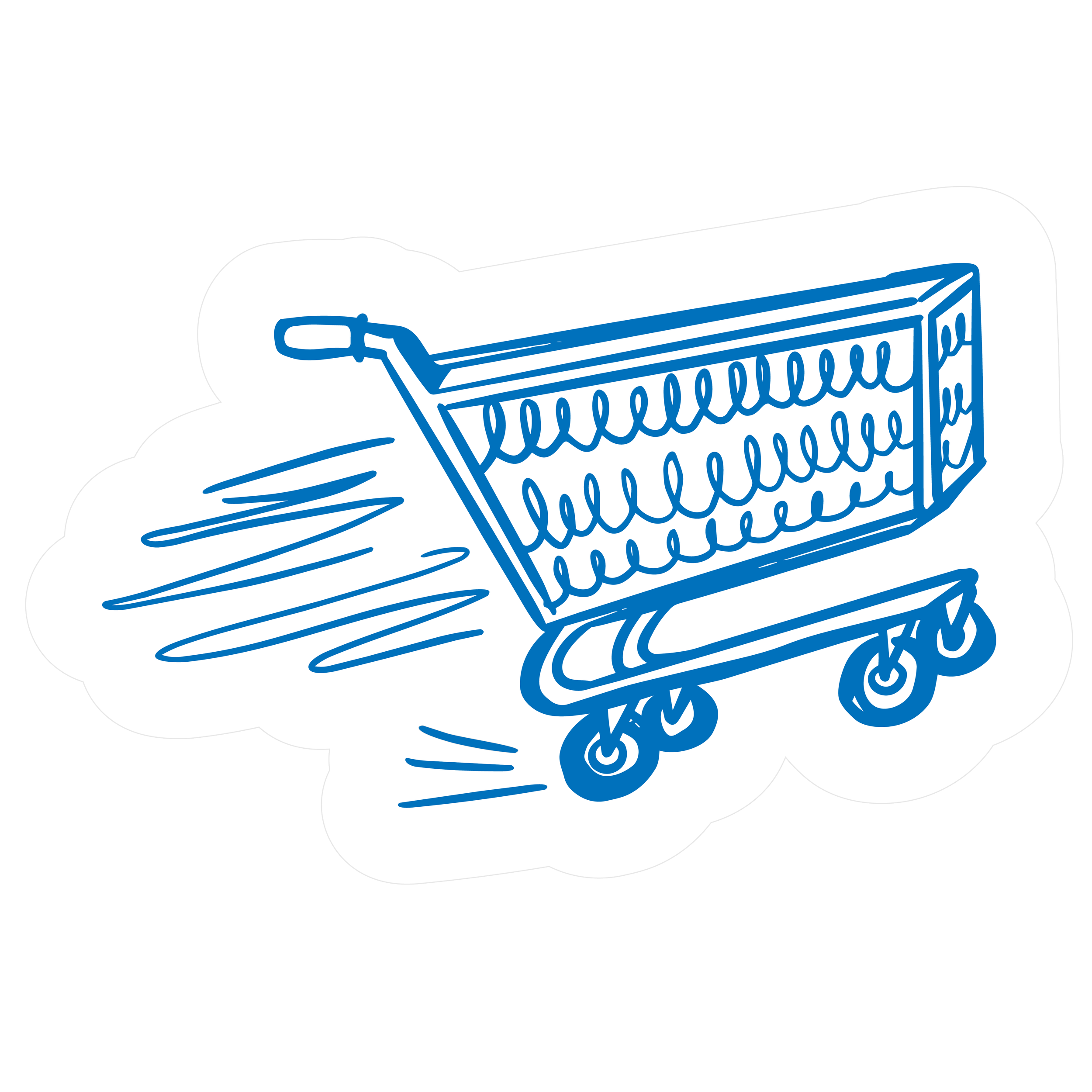 Blue line drawing of a shopping cart on a white background.