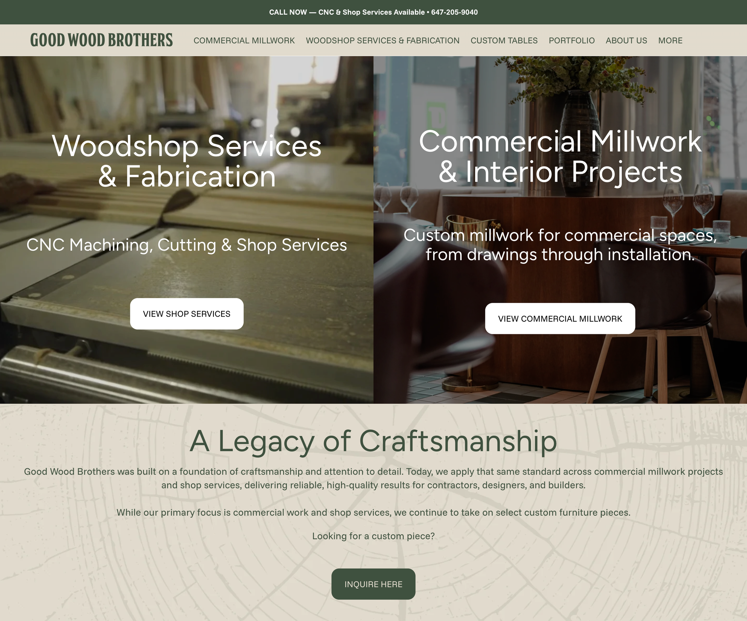 Screenshot of a woodworking business website called Good Wood Brothers, showcasing services in commercial millwork, shop services, fabrication, and custom furniture, with sections about their craftsmanship and contact information.