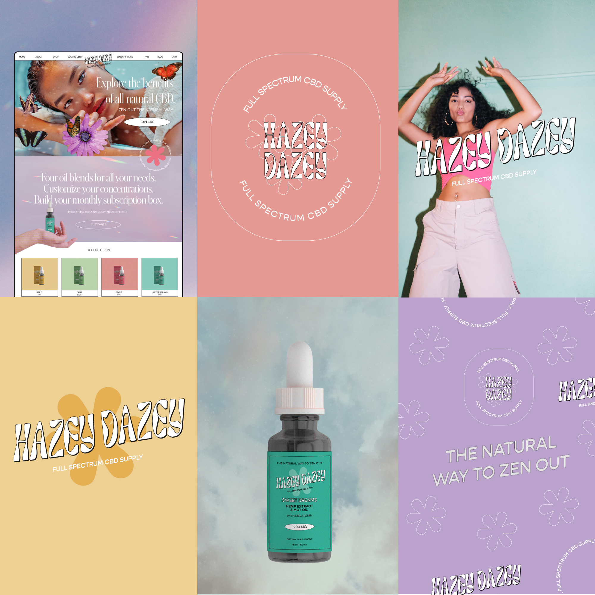 A website and branding for Hazey Daze CBD, featuring a woman with butterflies and flowers, and a woman with curly hair in pink clothing, promoting natural CBD products and supplements.
