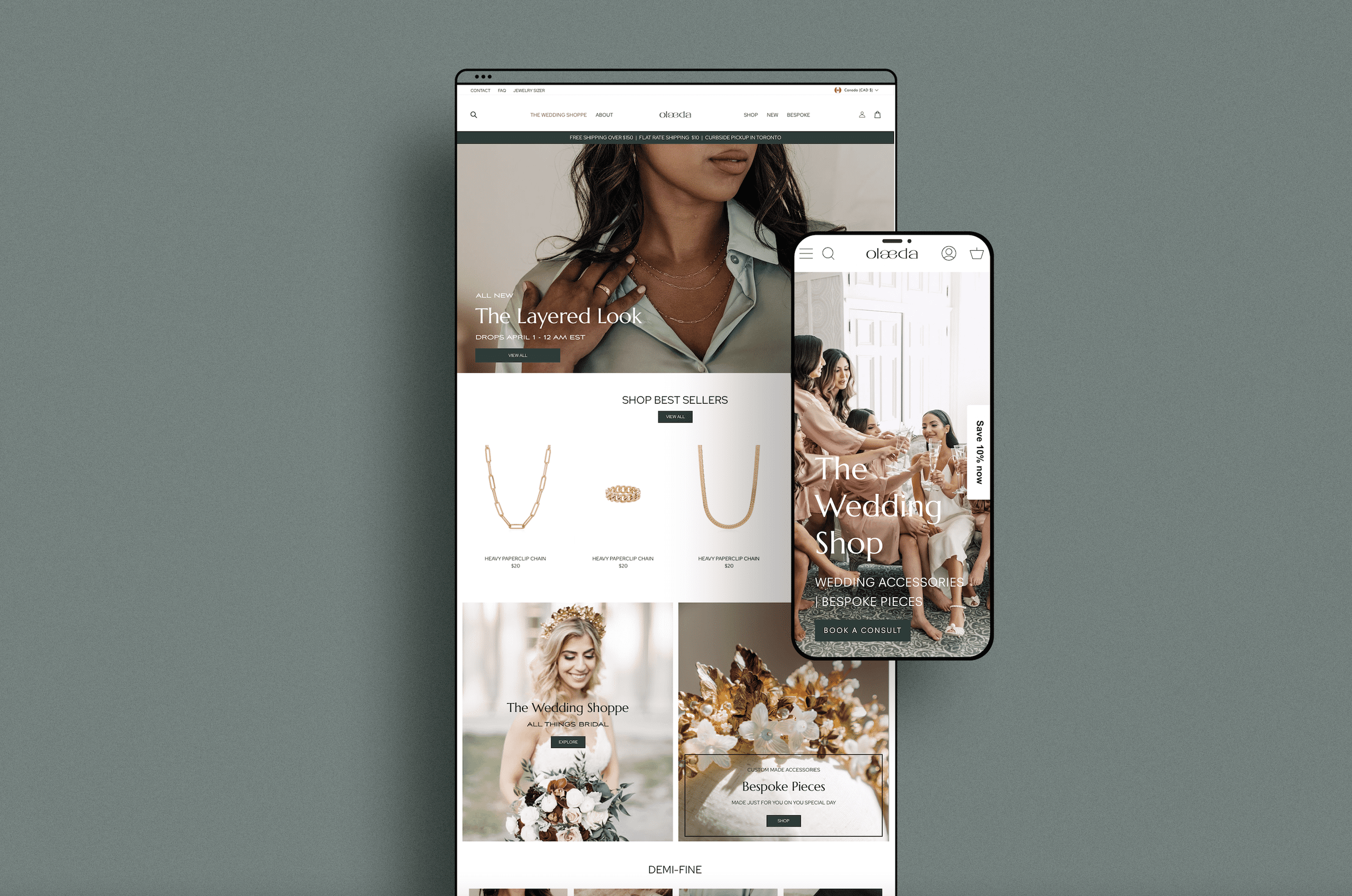 Screenshots of two websites, one for a jewelry store and another for wedding accessories, displaying products like necklaces, rings, and jewelry pieces.