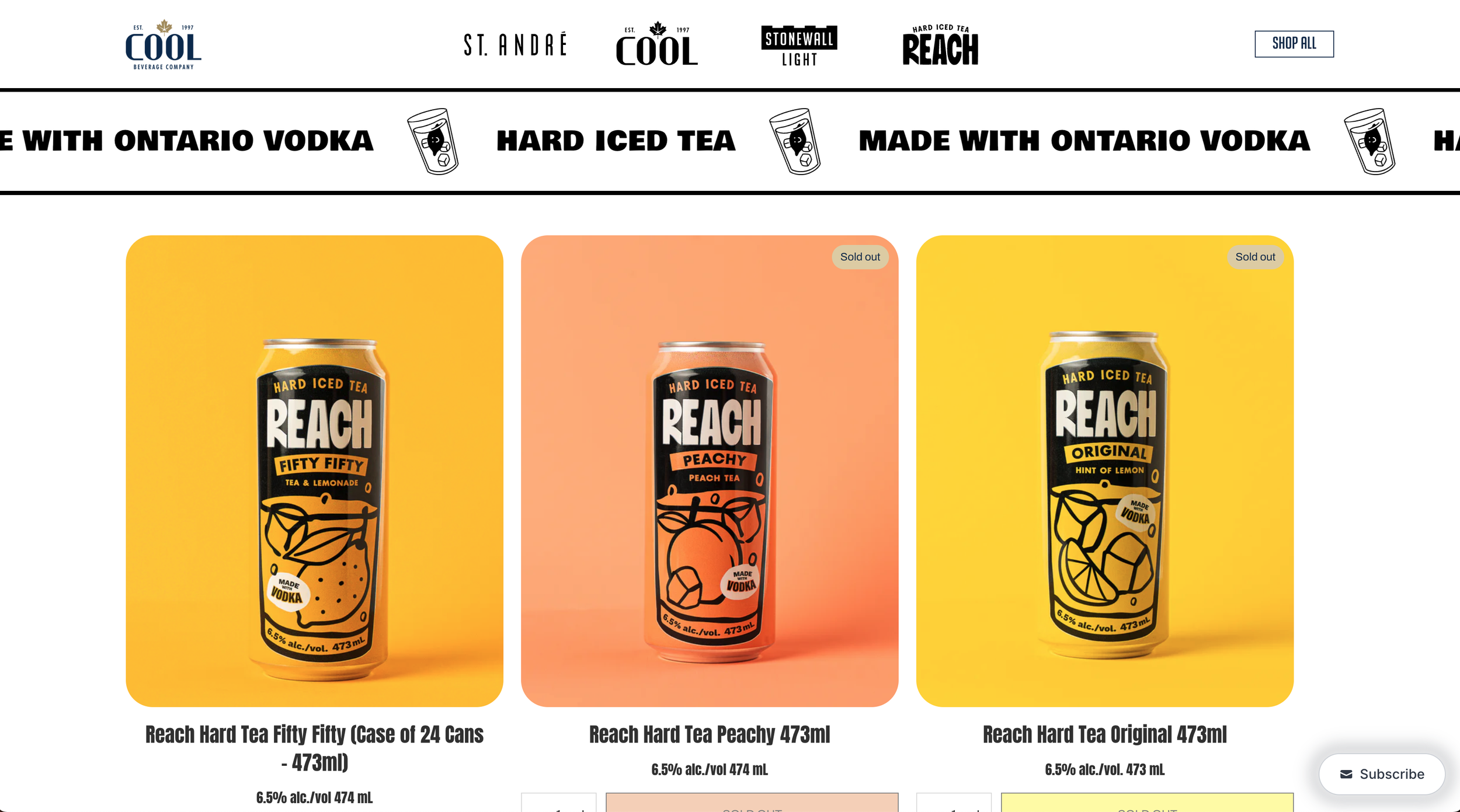 A webpage displaying three cans of Reach hard iced tea in yellow, peach, and yellow flavors. The cans feature black labels with white and yellow text, and illustrations of citrus fruits. The yellow cans are labeled "Fifty Fifty" and "Original," the peach can is labeled "Peachy" and marked "sold out."