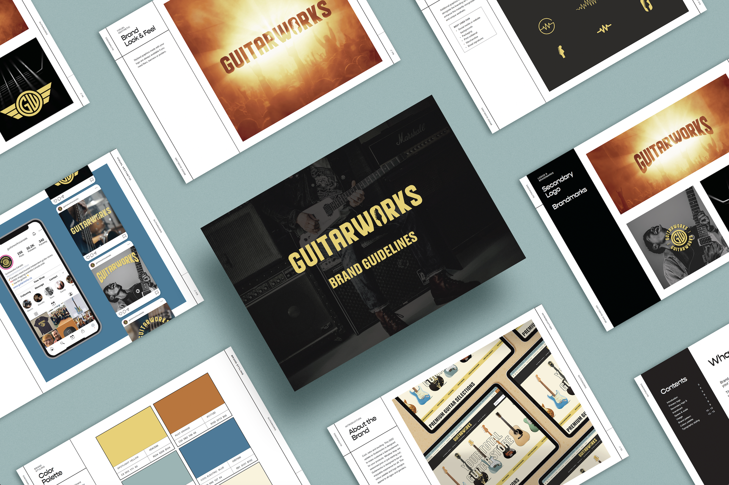Multiple design mockups for Guitarworks brand, including logo, website templates, color palettes, and brand guidelines on a light blue background.