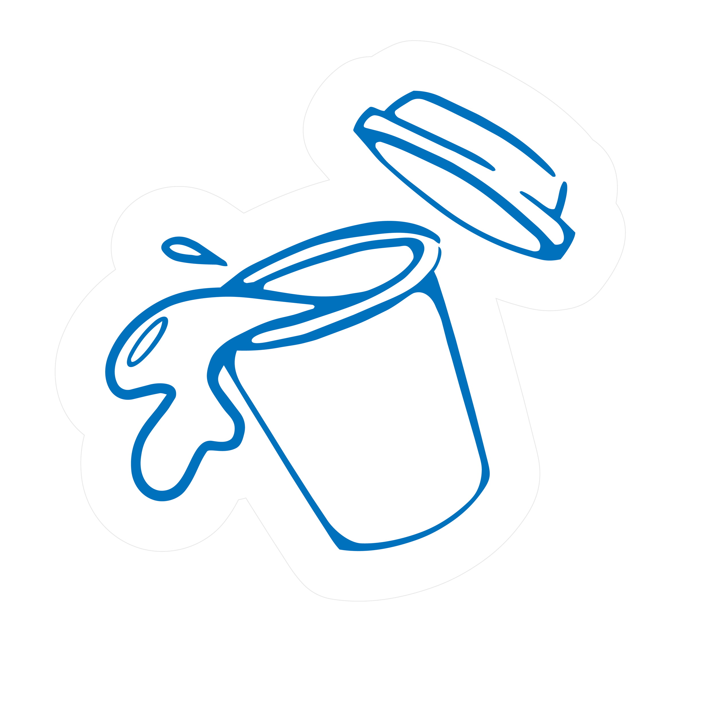 A line drawing of a paperclip, a stapler, and a pen, all outlined in blue on a black background.