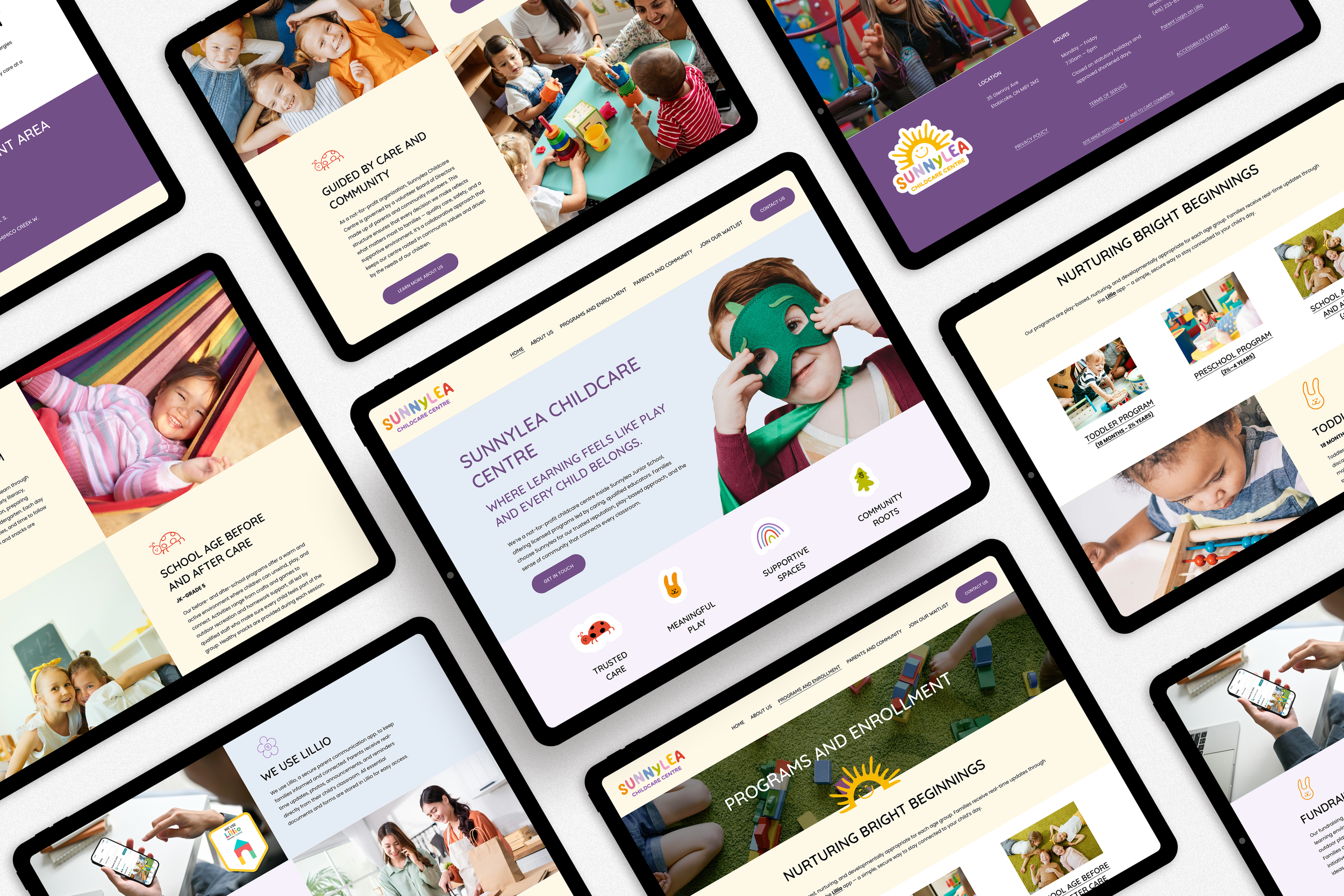 Screenshots of a children's daycare website showing photos of kids playing, learning, and engaging in activities, with colorful and friendly design elements.