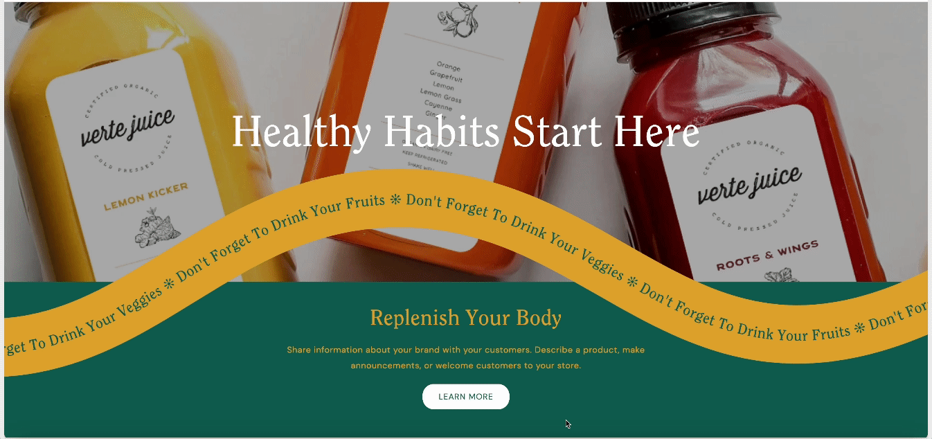 Image of three bottles of Verite juice in different flavors, including Lemon Kicker, Roots & Wings, and a third flavor. The bottles are arranged on a surface with a green and yellow banner overlay promoting healthy habits and juice products.