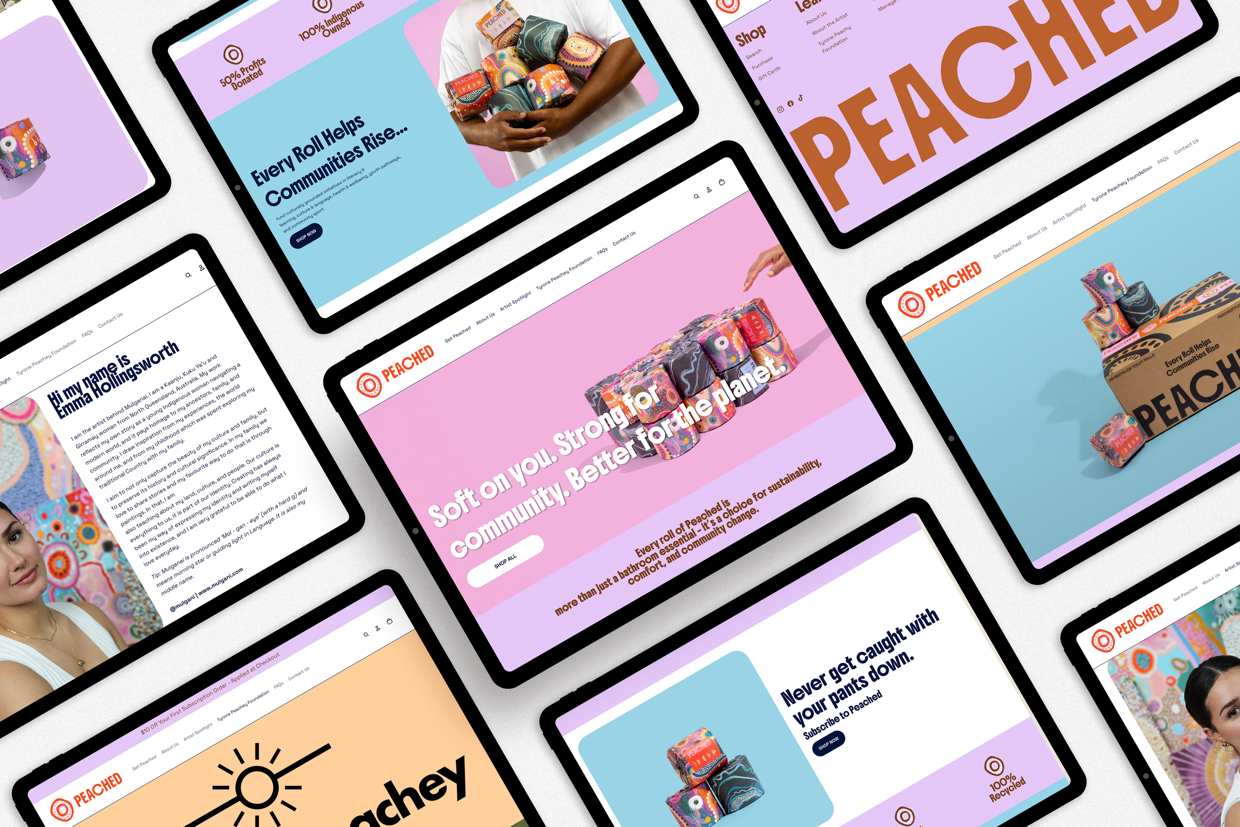 Multiple tablets displaying various colorful website pages related to a brand called 'Peached.' The screens feature messages about community support, sustainability, and product offerings, with some showing images of wrapped items and a person holding or showcasing products.