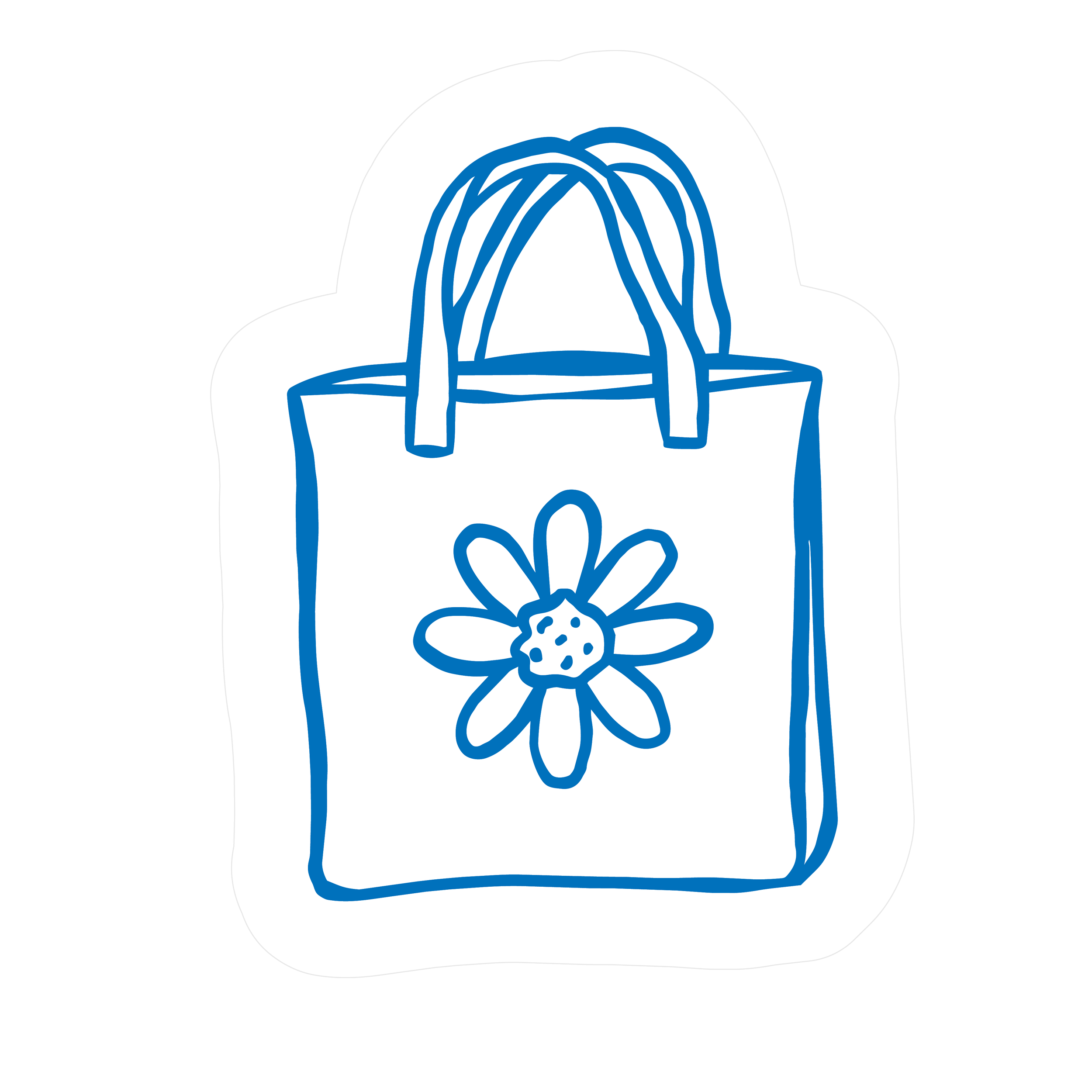 Outline of a backpack with a flower and leaves design on the front pocket, drawn in blue lines on a black background.