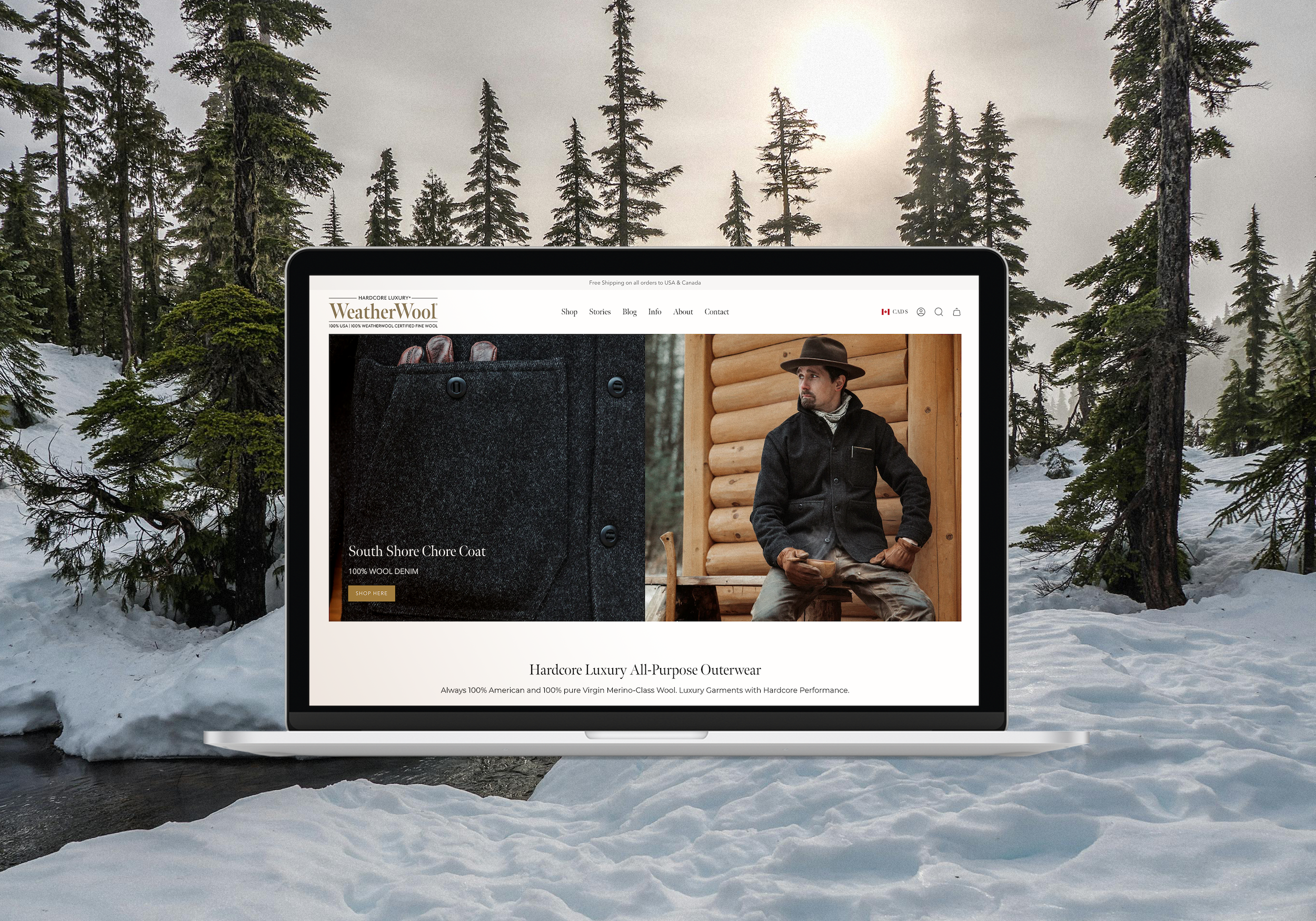 View of a laptop screen displaying an outdoor clothing website, with snowy forest and tall pine trees in the background.